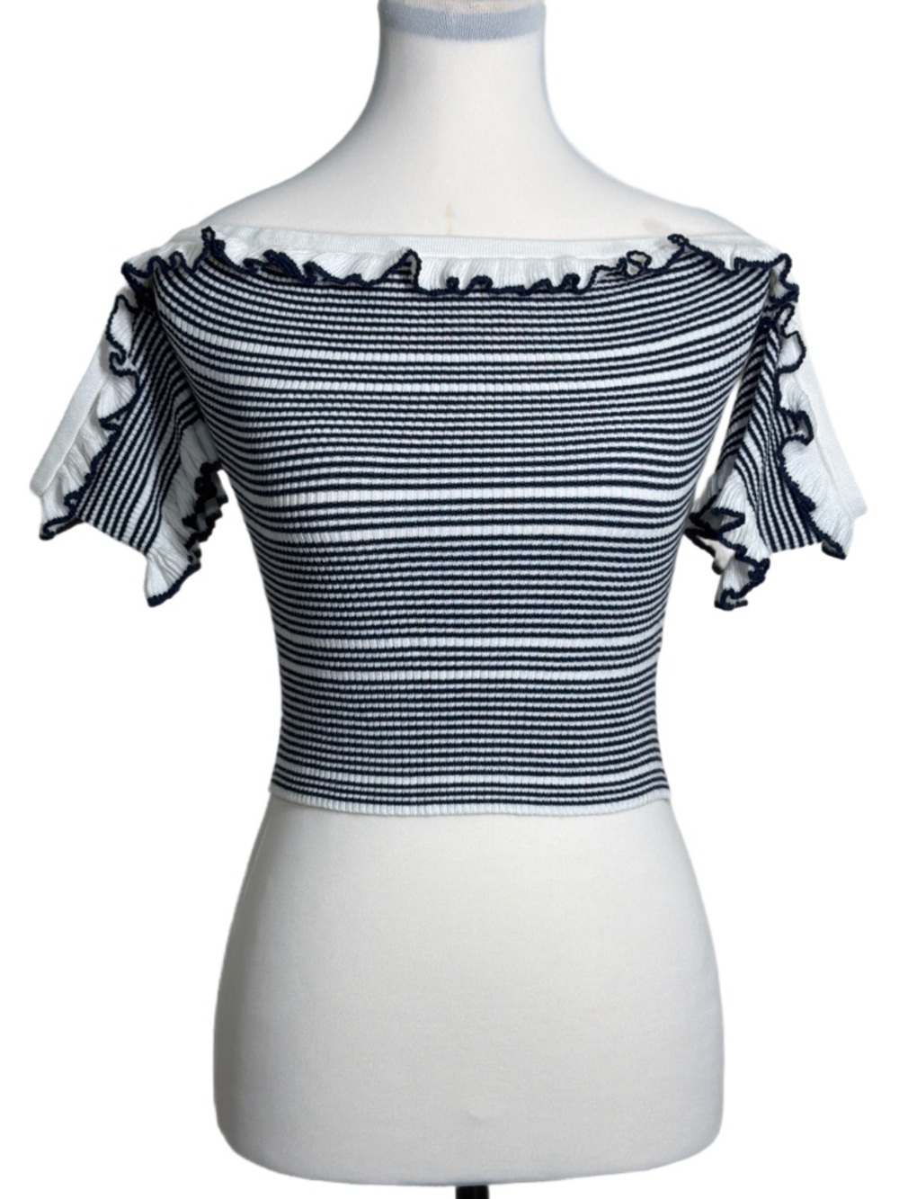 Guess Navy & White Striped Off-Shoulder Ruffle Crop Top